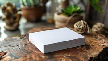 A white box of blank paper sits on a wooden table photo
