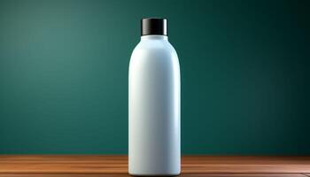 A bottle of shampoo sits on a wooden table photo