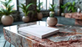 A white book is on a table next to a potted plant photo