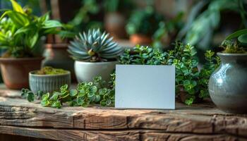 A white card sits on a wooden table next to several potted plants photo