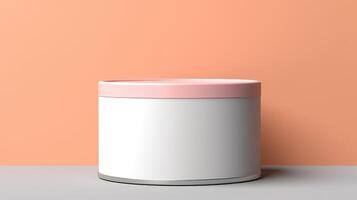 A white container with a pink lid sits on a table photo