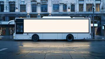 A white bus with a large blank billboard on the side photo