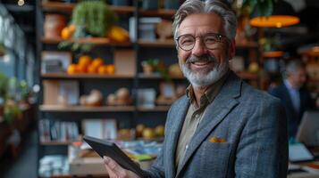 Mature older business man executive manager using digital tablet standing in office. Smiling busy mid adult businessman investor holding pad computer analyzing financial trading market at work photo