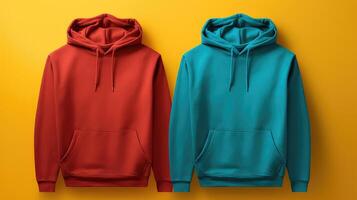 Two hoodies, one red and one blue, are displayed on a yellow background photo