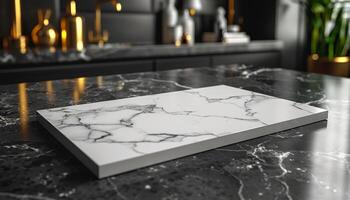 A marble counter top with a white marble cutting board on it photo