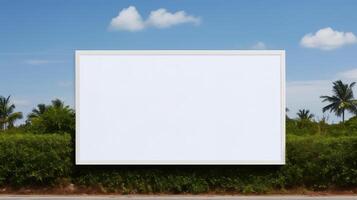 A large white sign is in front of a green bush photo