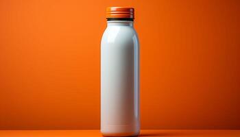 A bottle of milk is sitting on a table photo