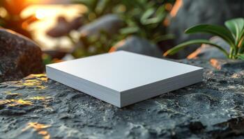 A white square of paper is on a rock photo
