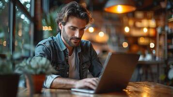 Busy professional business man company employee, young male worker software developer, latin businessman typing on computer technology using laptop searching on web working at office workplace desk photo