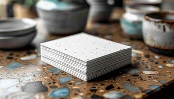 A stack of white business cards sits on a table next to a few cups and bowls photo