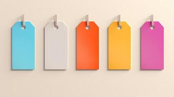 A row of colorful tags hanging on a wall photo