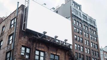 A large white billboard is on the side of a brick building photo