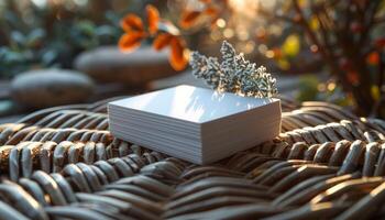 A white card is on a woven surface with a leaf on top photo