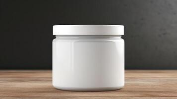 A jar is sitting on a wooden table photo