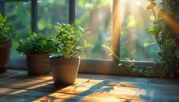 A potted plant sits on a wooden table in front of a window photo