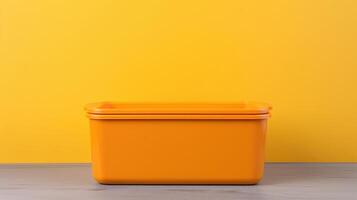 A large orange container sits on a yellow wall photo
