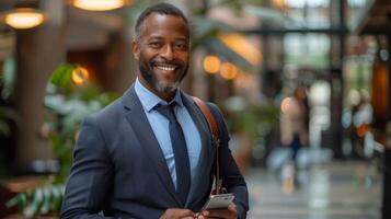 Smiling busy professional latin business man walking in office hallway holding mobile cellphone. Young happy businessman employee using smartphone looking at cell phone tech standing at work photo