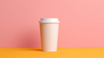 A white coffee cup sits on a table with a pink background photo