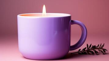 A purple cup with a candle in it sits on a pink background photo