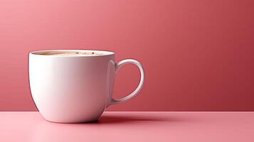 A white coffee cup sits on a table with a pink background photo