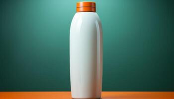A bottle of lotion is sitting on a table photo