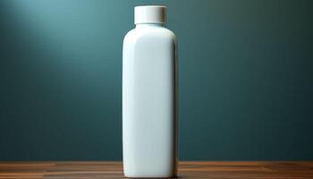 A bottle of shampoo is sitting on a wooden table photo