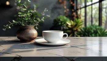 A white coffee cup sits on a white plate on a counter next to a vase of flowers photo