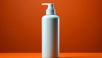 A white bottle of lotion sits on a red background photo
