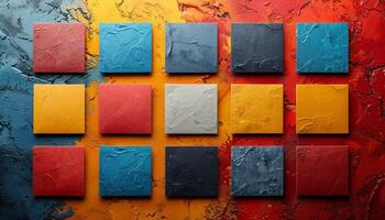 A colorful painting of squares with a red background photo