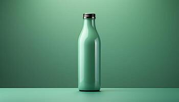 A green bottle with a silver cap sits on a green background photo