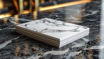 A stack of white and black marble paper is on a black marble table photo