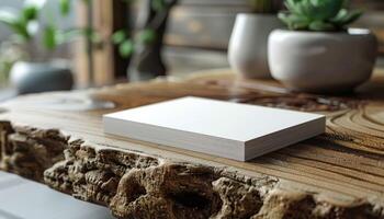 A white card is sitting on a wooden table photo