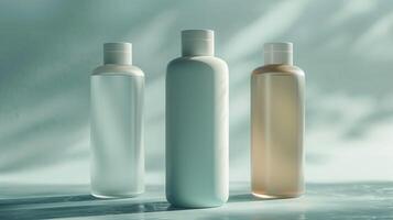 Three bottles of liquid are lined up on a table, with one bottle in the middle photo