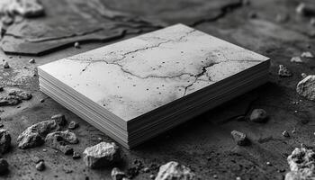 A stack of white paper with a black border sits on a rocky surface photo