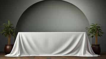 A white tablecloth is draped over a table in a room with a curved archway photo
