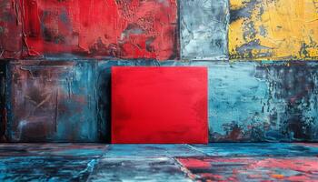 A red square is placed in front of a wall of colorful graffiti photo