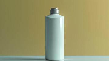 A white bottle with a silver cap sits on a table photo