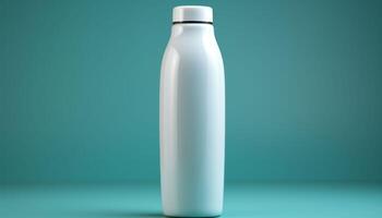 A white bottle is sitting on a blue background photo