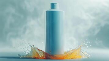A bottle of shampoo is sitting in a splash of water photo