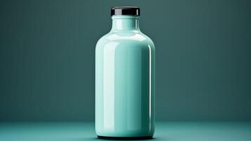 A clear bottle with a black cap sits on a green surface photo