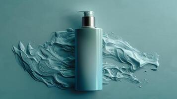 A bottle of lotion is placed on a blue surface with a blue wave pattern photo