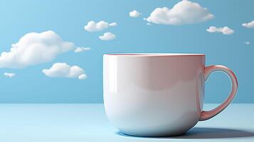 A white coffee cup sits on a table in front of a blue sky with clouds photo