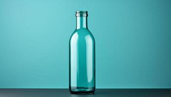 A clear glass bottle sits on a table photo