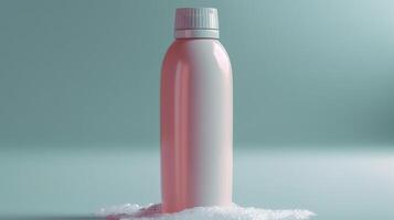 A bottle of shampoo is sitting on a pile of snow photo