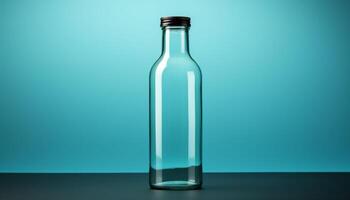 A clear glass bottle sits on a table photo
