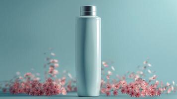 A bottle of perfume is sitting on a table next to a bunch of pink flowers photo