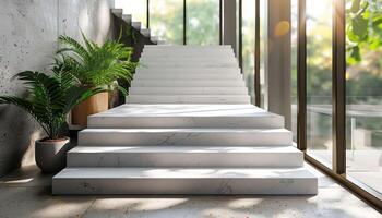 A staircase with a plant on the bottom step photo