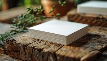 A white square of paper is on a wooden surface photo