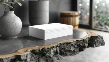 A white box with white paper sits on a table with a vase and a wooden stool photo