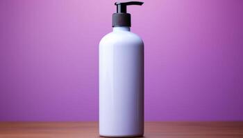 A bottle of lotion sits on a wooden table photo